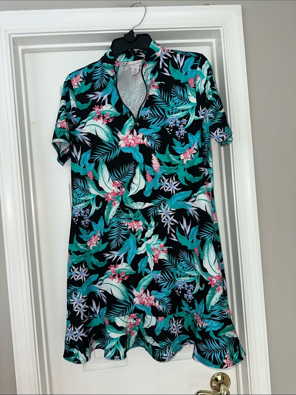 Tommy Bahama Black Floral Midi Dress with Teal & Pink Accents